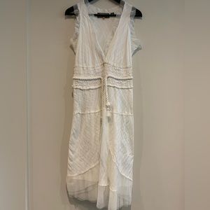 Beautiful Boho White Lace Trim Dress with Rope Tie Waist, Size 6